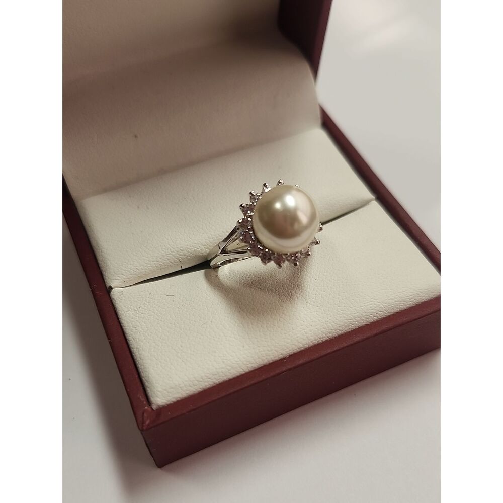 Elegant White Pearl Halo Ring - Women Jewelry Size 6